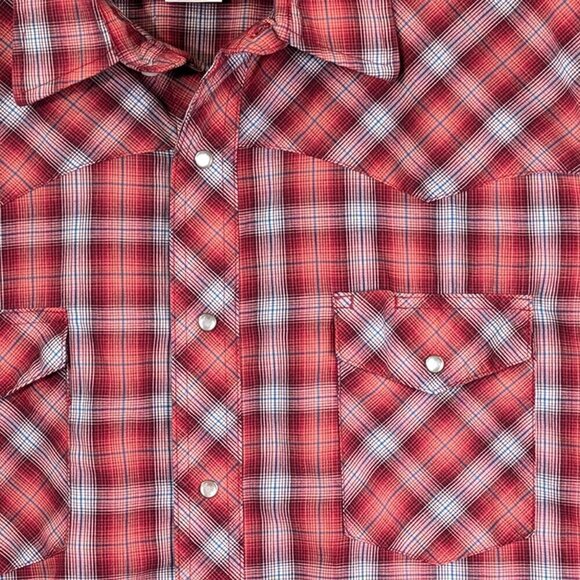 Wrangler Western Shirt Mens 2XL Pearl Snap Red Plaid Short Sleeve Pockets Rodeo - Picture 2 of 11